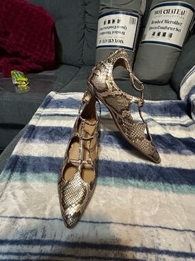AEROSOLES Metallic Silver Snake-Print Pointed Heels